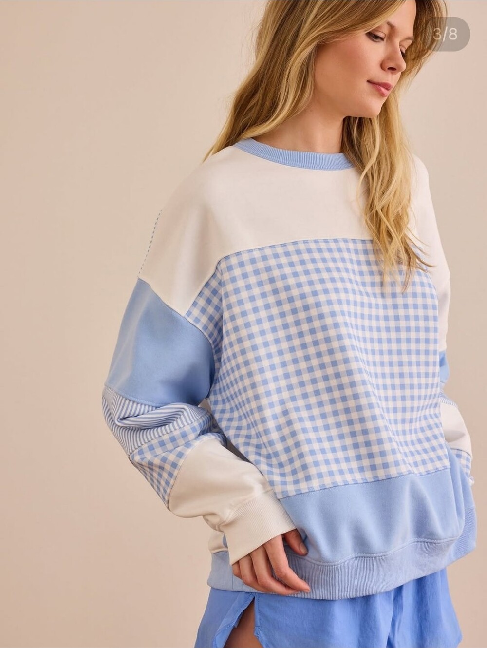 NWT Altar'd State AS Revival Blue & White Gingham Patchwork Sweatshirt $74 Med.